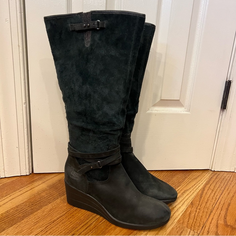 Ugg Lesley Waterproof Suede Leather Wedge Boots Black Women’s 11